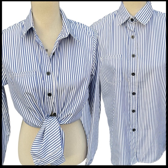 Unbranded Tops - Blue & White Stripe Button Front Stretch Shirt Top Blouse (6)